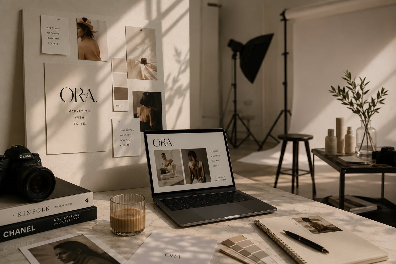 Inside the ORA studio — moodboard, laptop and photography set